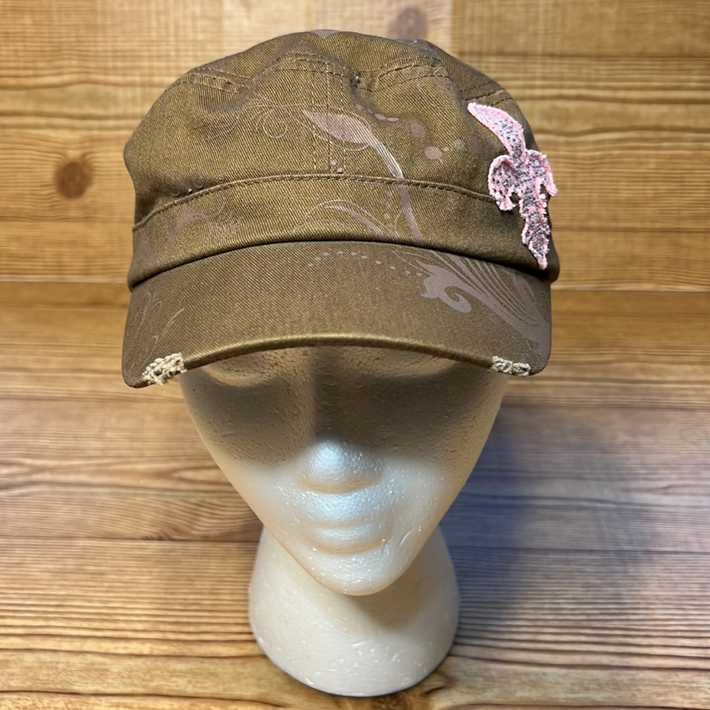 DPC Dorfman Pacific Co Brown Distressed Cadet Hat with Pink Fleur de Lis Accent